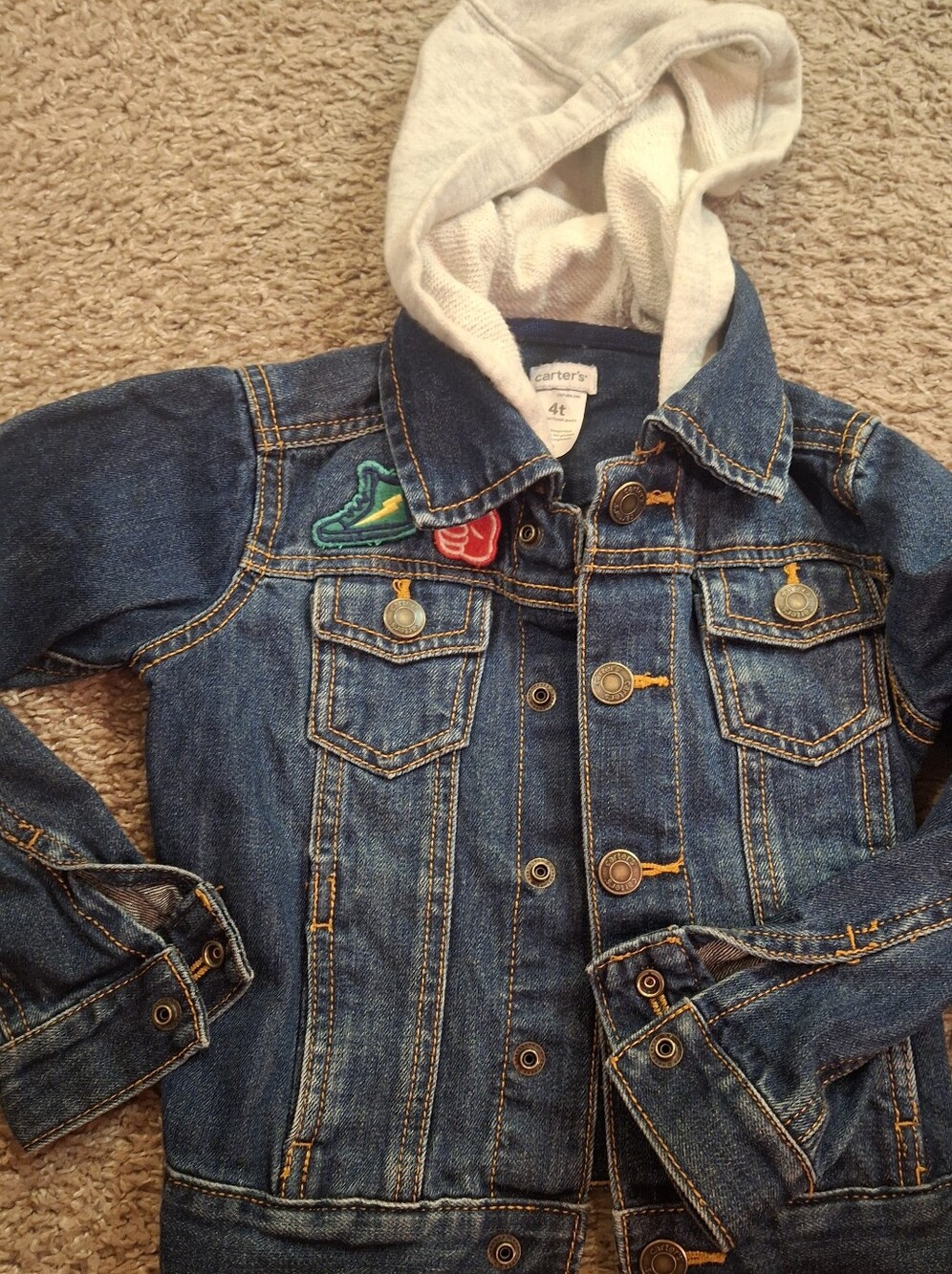 Cute Carter's Denim Jean Jacket with Light Gray Hood and Patch Accents Size 4t